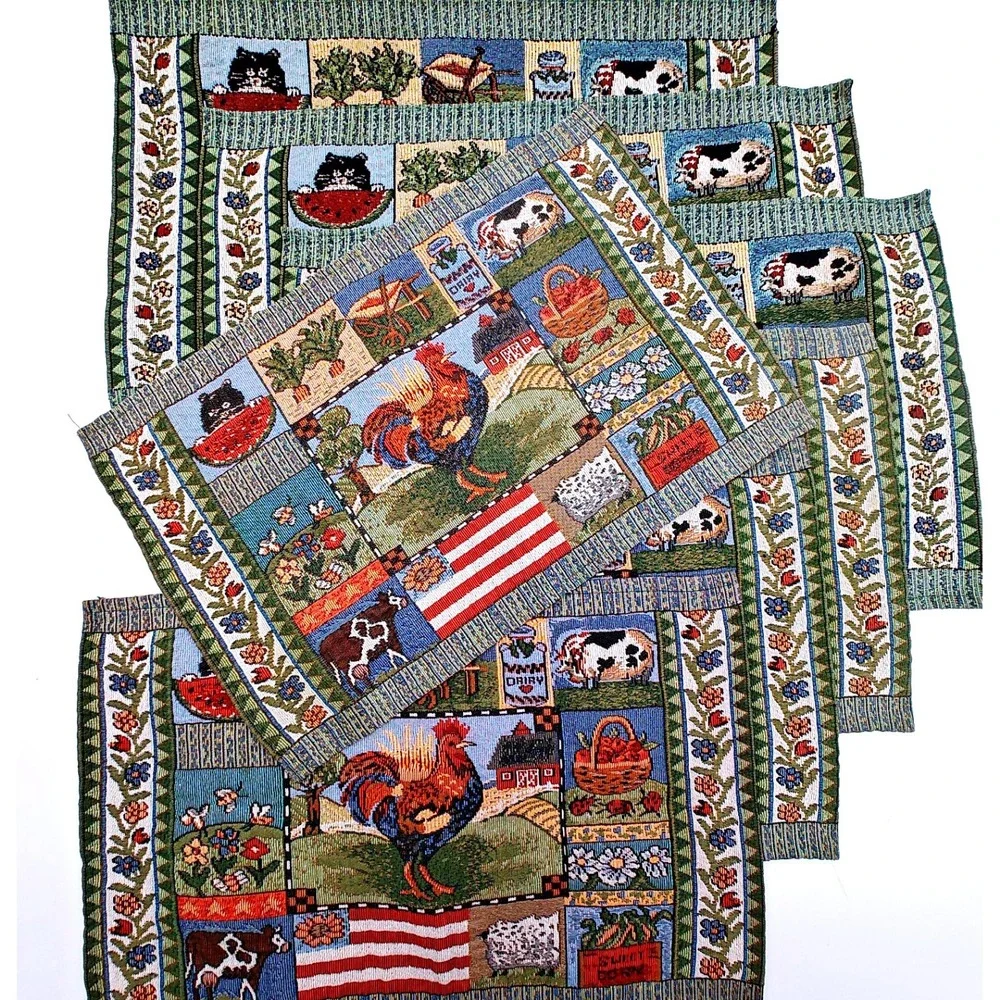 Set of 7 Vintage Farmhouse Rooster Tapestry Placemats Country Kitchen Woven‎